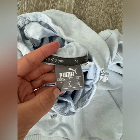 Puma EUC Logo Hoodie Sweatshirt Size M Blue Gray Drawstrings Front Pocket - Picture 3 of 4